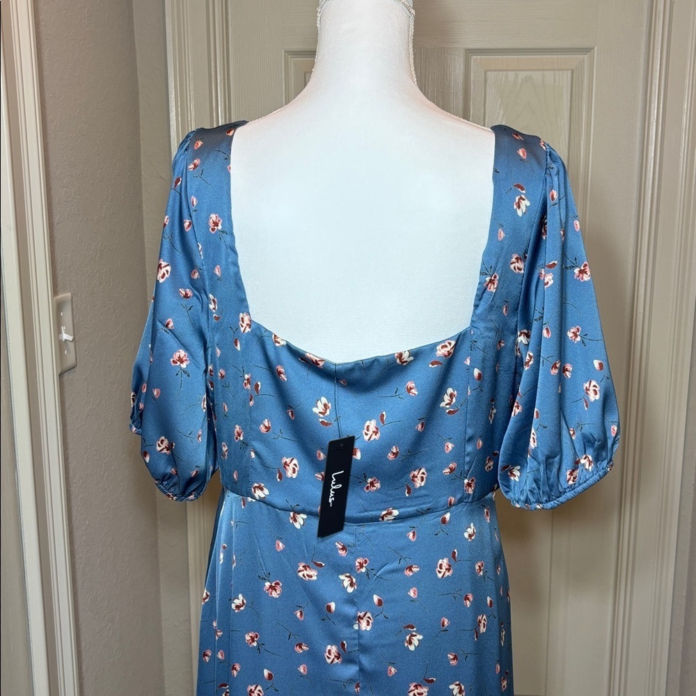 Lulus Gorgeous Days Blue Floral Satin Puff Sleeve Midi
Dress NWT Size XL - Picture 8 of 11